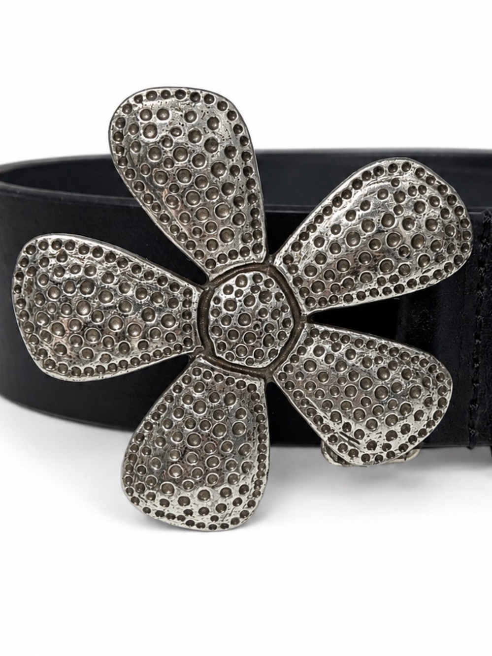 Silpada Designs Genuine Italian Leather Black Belt Silver Flower Buckle Size L